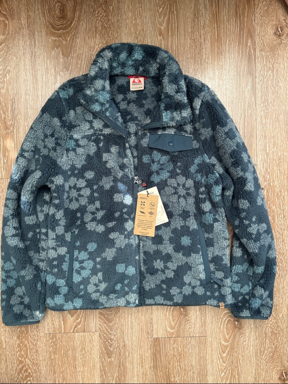 New! Gerry teal blue floral plush fleece zip jacket, medium